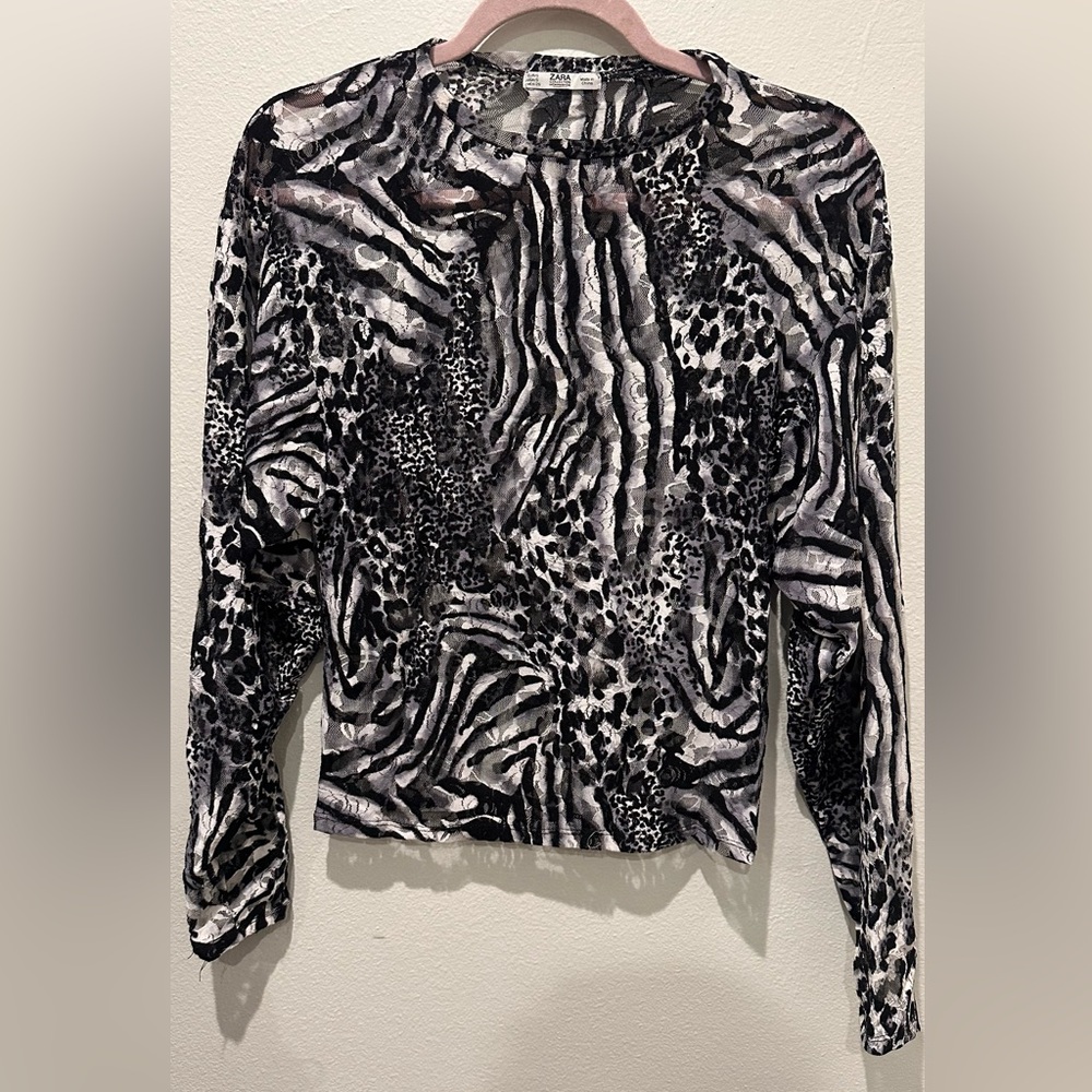 Zara Black and White Animal Print Blouse